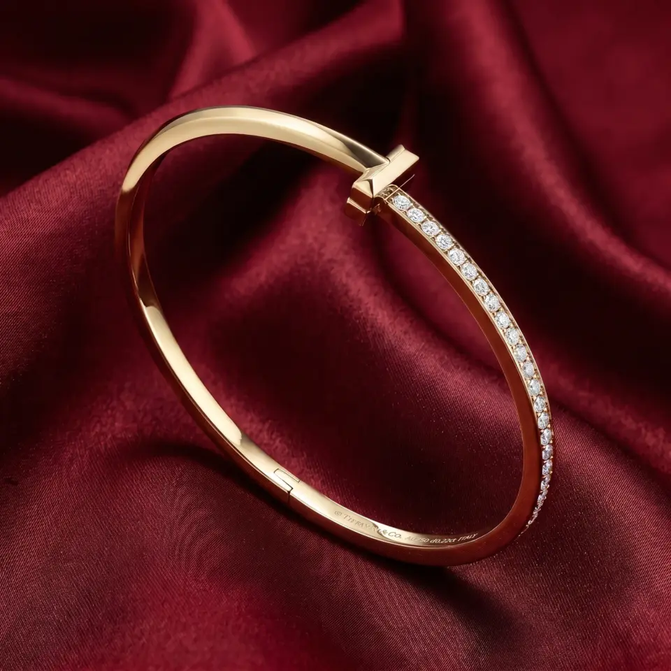 Tiffany T, T1 Narrow Half-Pavé Hinged Bracelet Gold Filled